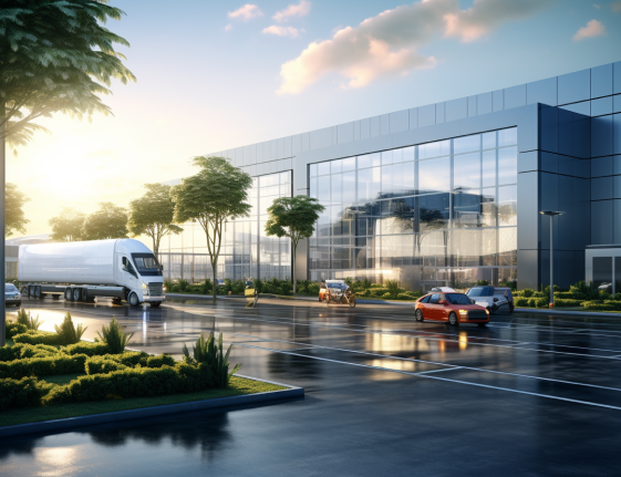 Building surrounded by cars and trucks